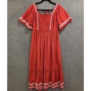 Old Navy Boho Tiered Midi Dress Womens Size Medium Embroidered Smocked Prairie